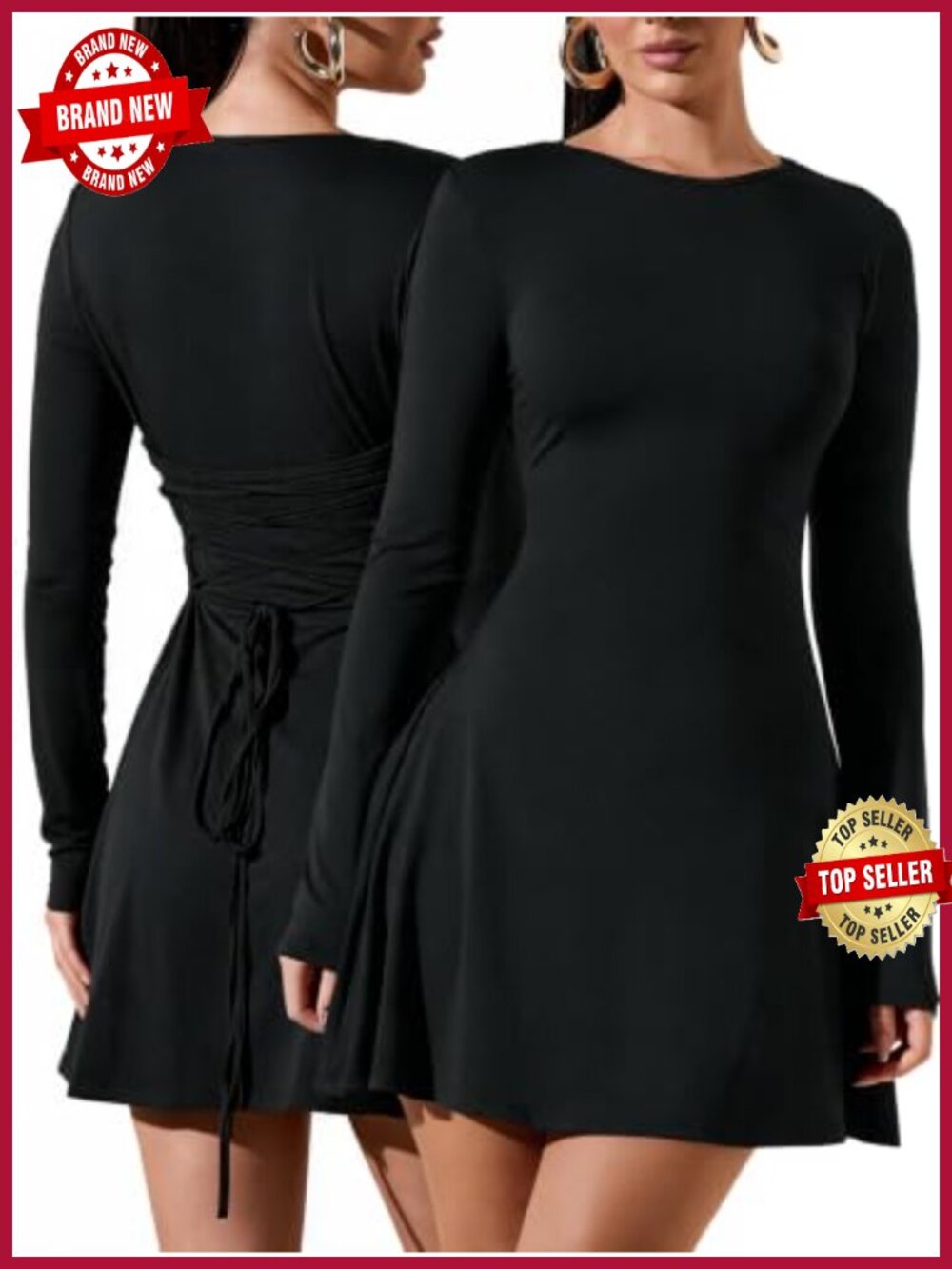 Long Sleeve Mini Dress Lace Up Back Crew Neck Fit & Flare